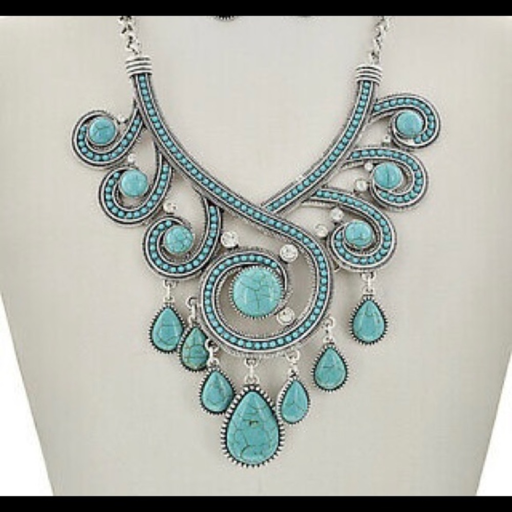 NEW Faux Turquoise Stones Rhinestones Swirls & Teardrops Necklace